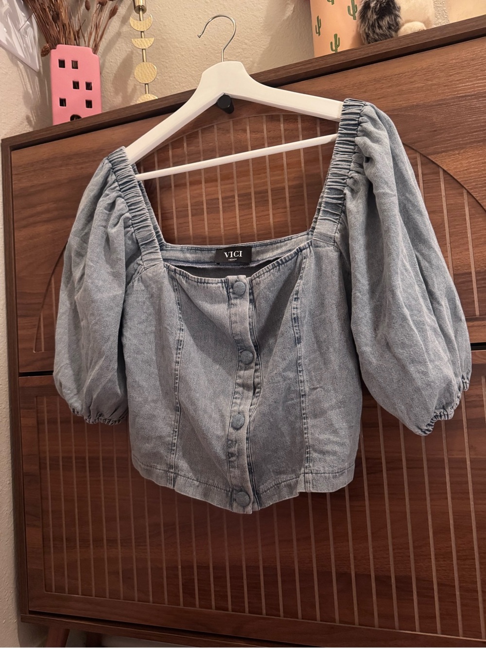 VICI Light Blue Denim Puff Sleeve Button-Front Crop Top